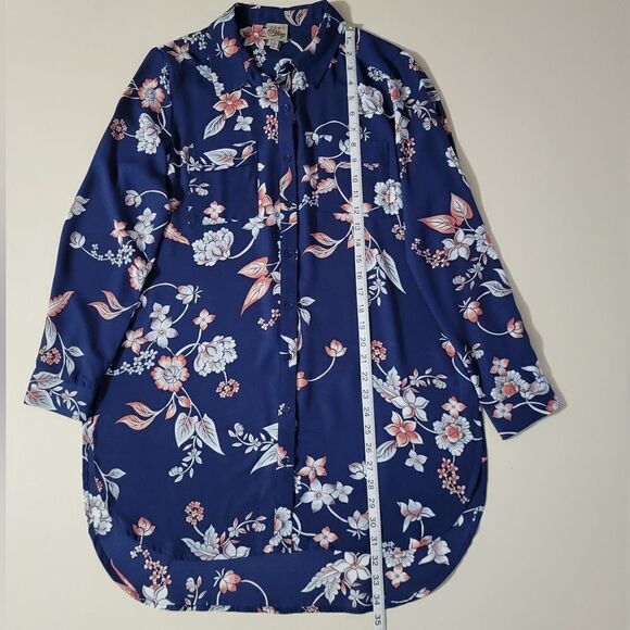 Como Vintage Women's Navy Floral Long Button-Down Polyester Blouse - Picture 4 of 14